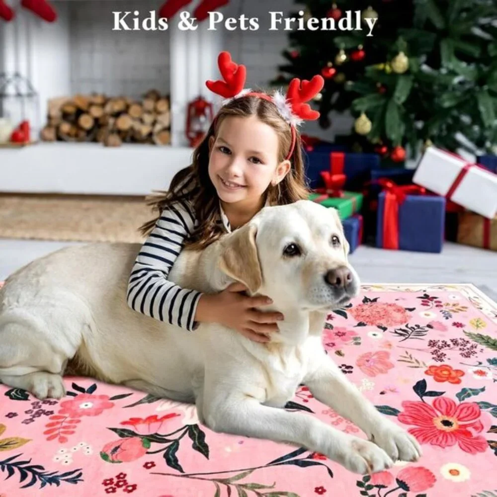 New 5x7 Pink Floral Rug, Washable, Non-Slip Carpet for Girls’ Bedroom & Playroom
